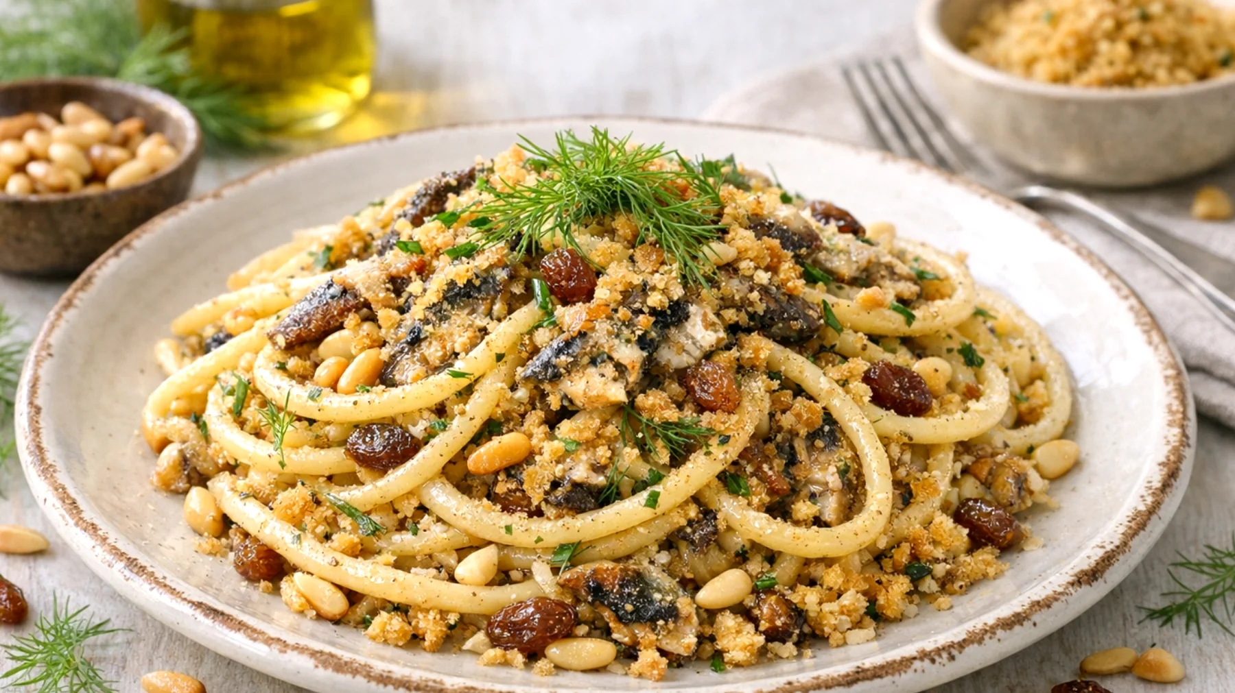 Pasta con le sarde alla palermitana e finocchietto selvatico fresco"