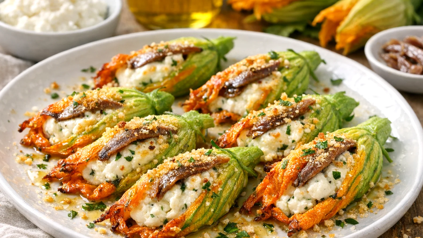Fiori di zucca ripieni di ricotta e alici al forno"
