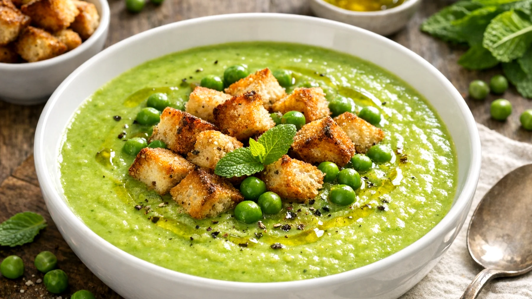 Vellutata di piselli e menta con crostini croccanti"