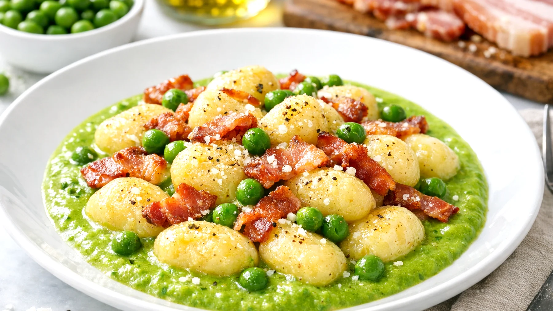 Gnocchi di patate con crema di piselli e pancetta"