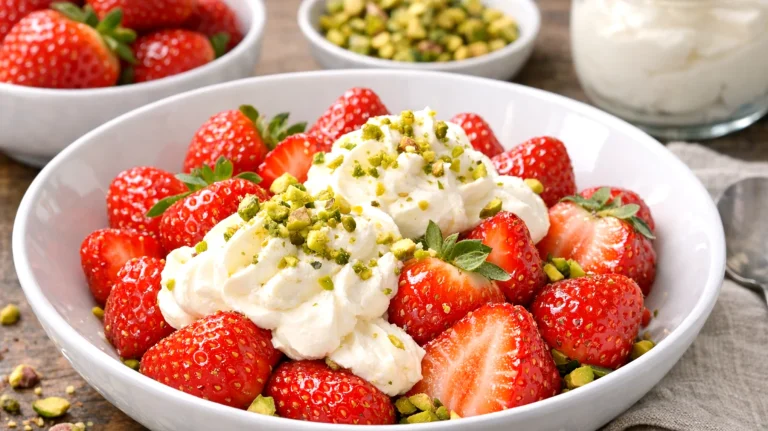 Fragole con crema al mascarpone e granella di pistacchio"