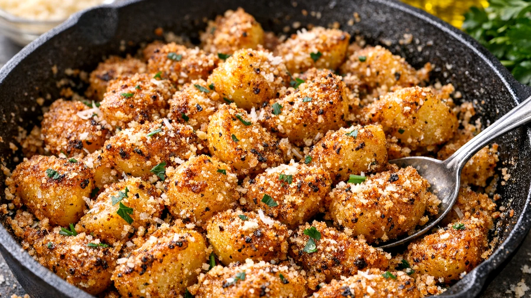 Patate sabbiose in padella croccanti con pangrattato e parmigiano reggiano"