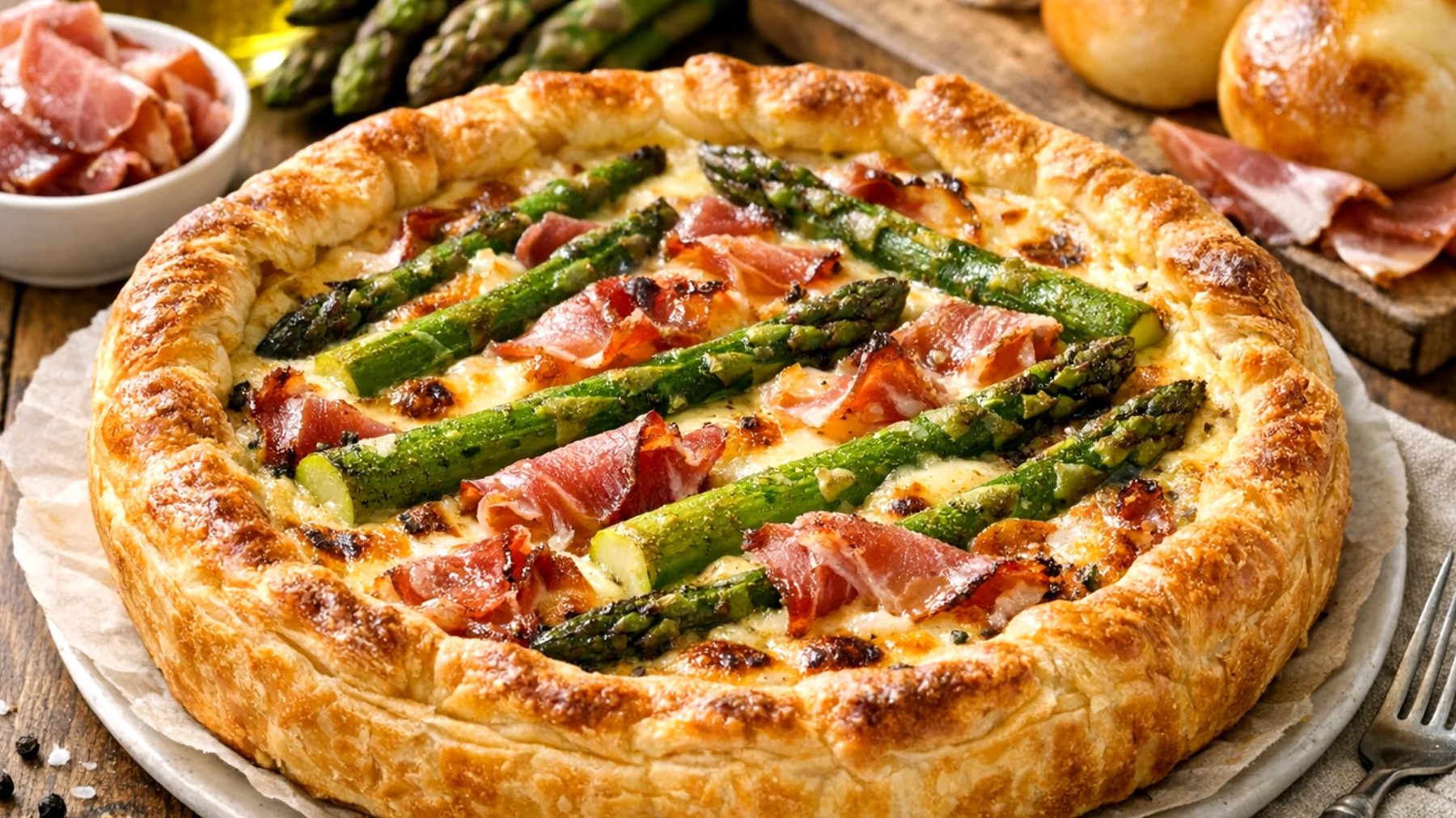 Torta salata con asparagi, speck e scamorza affumicata"
