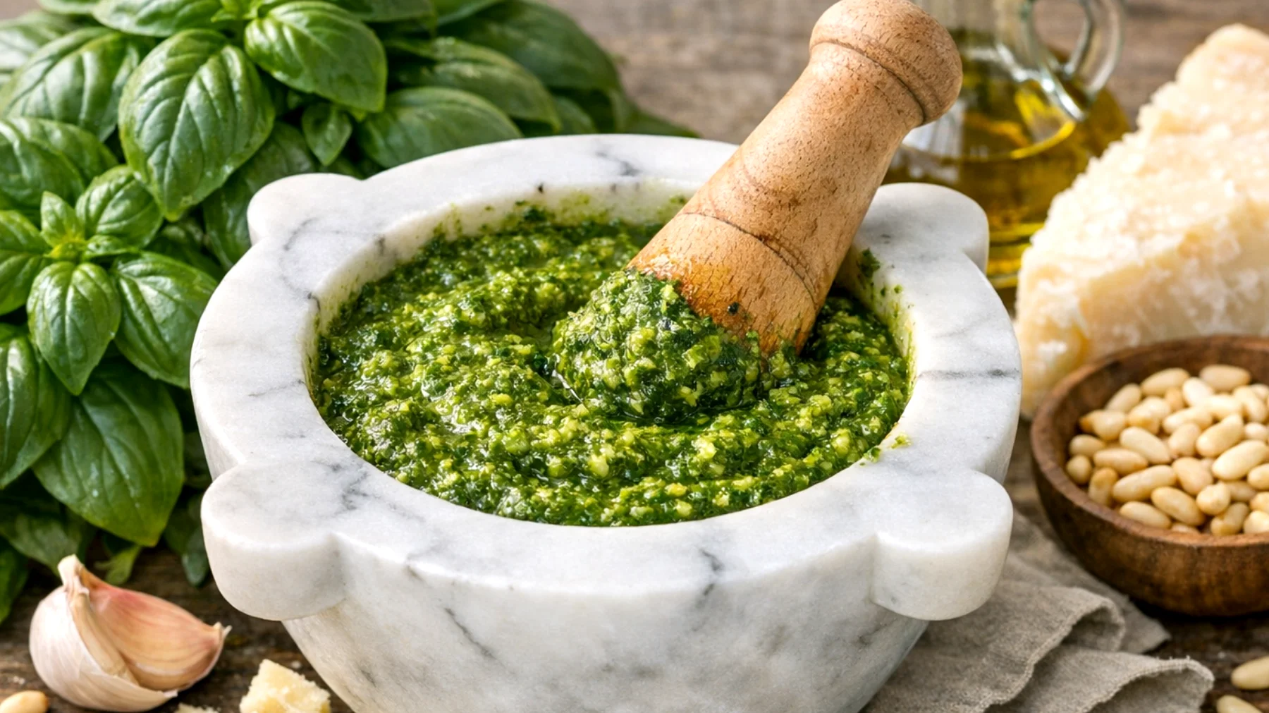 Pesto alla genovese nel mortaio con basilico DOP di Prà"