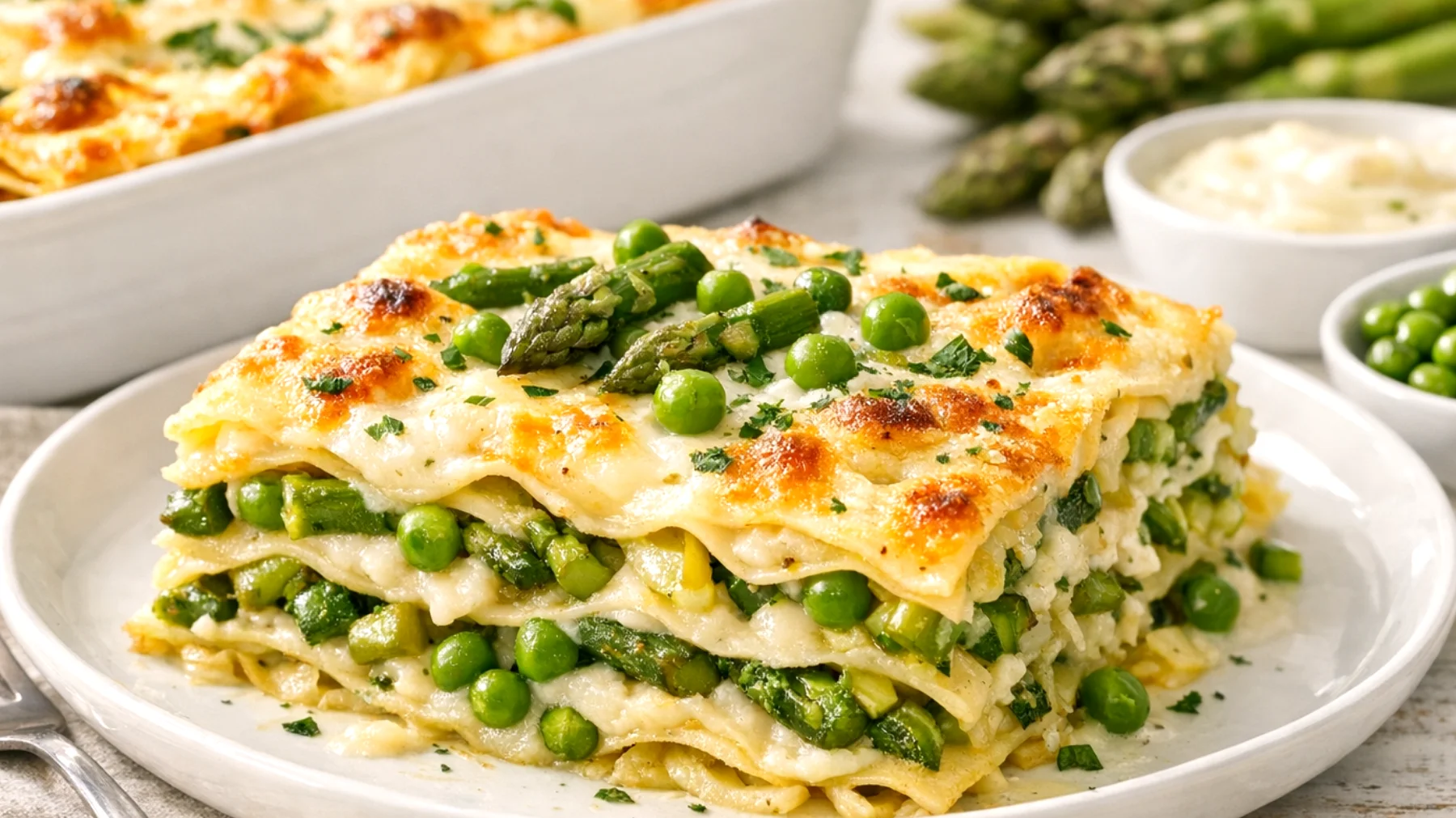 Lasagna vegetariana di primavera con asparagi, piselli e besciamella leggera"