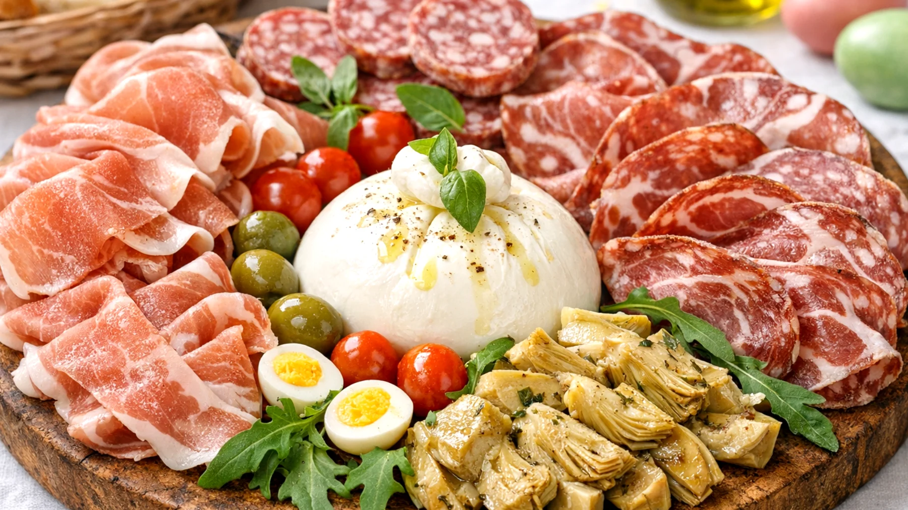 Antipasto di Pasqua con salumi DOP italiani, burrata pugliese e carciofi sott'olio"