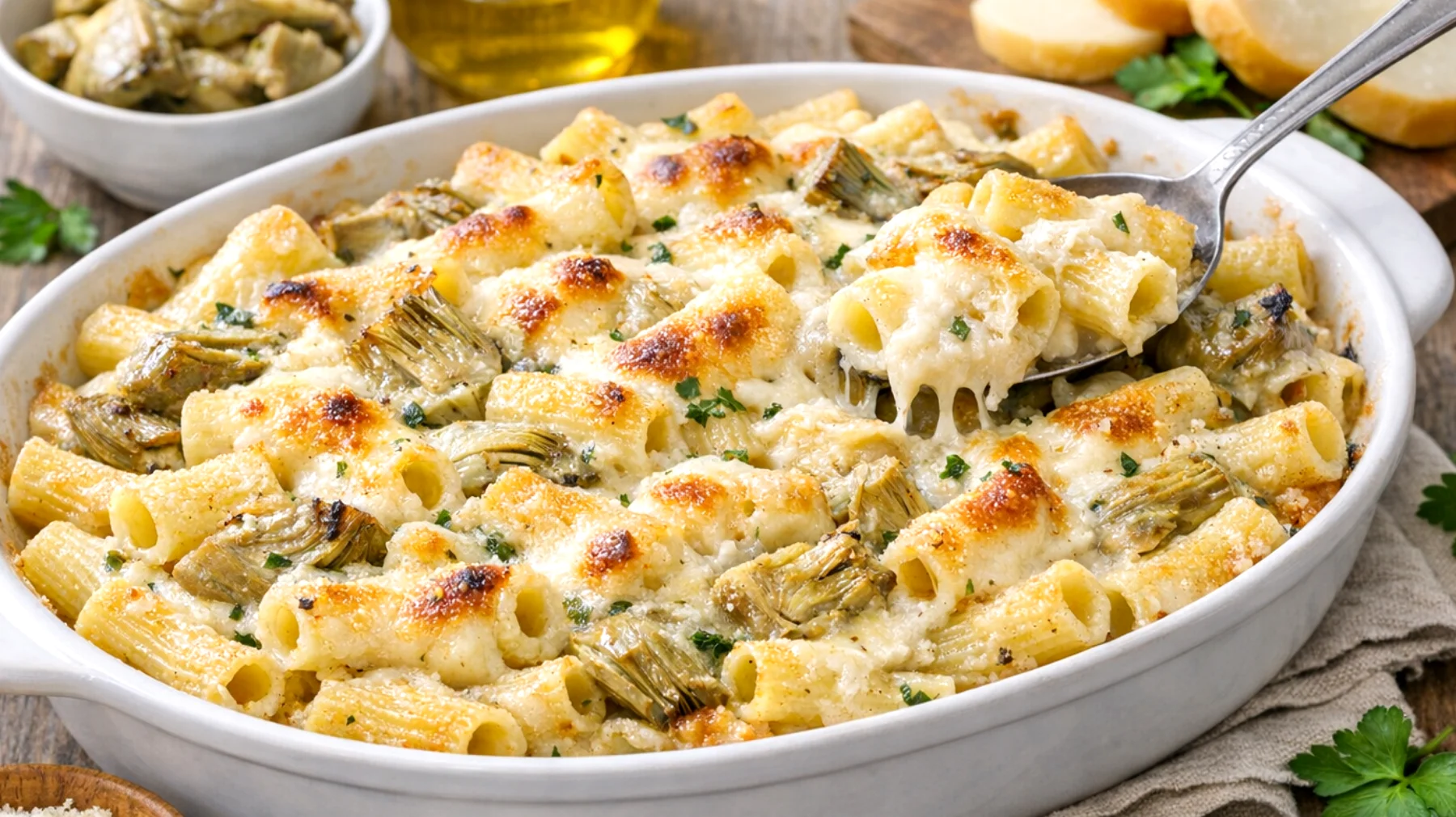 Pasta al forno bianca con carciofi e scamorza"
